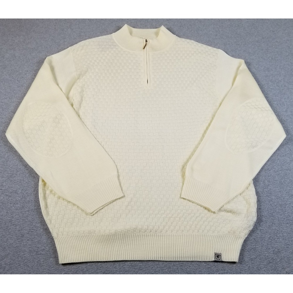 NEW Stacy Adams Quarter Zip Sweater Mens XL Cream Textured Elbow Patch Preppy
